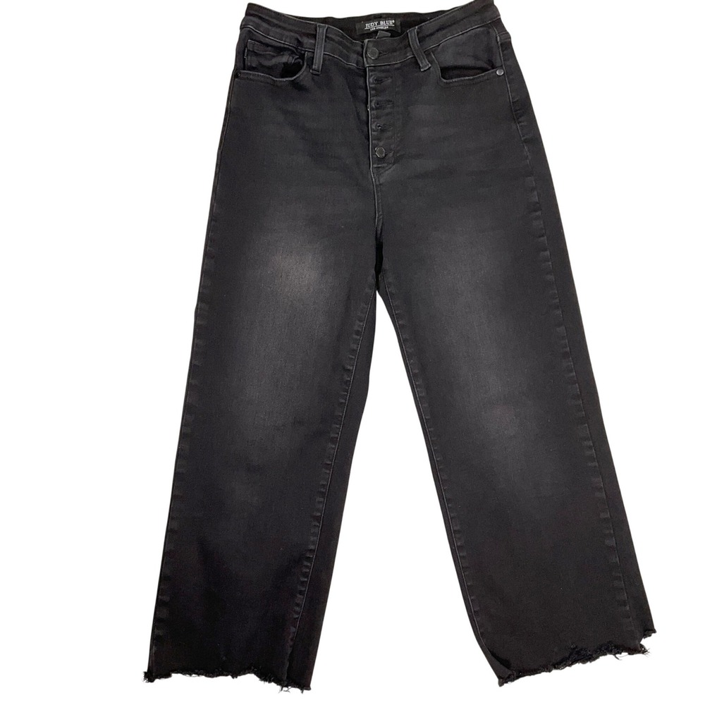 Judy Blue Jeans 9/29 Black‎ Wide Leg JB88529 Crop High Rise Button Fly Raw Hem
